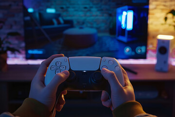 Hands of a person holding a white console game controller on the background of a TV with a game, selective focus
