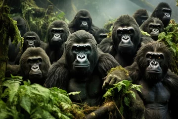 Fotobehang Closeup of a family group of mountain gorillas. A group of gorillas in their natural rainforest habitat, Close up portrait of cute endangered primate generated by AI © Tanu