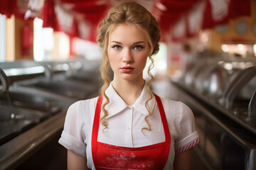A digitally rendered waitress with blonde curls stands in a retro diner, her blue eyes and red apron bringing color to the vintage ambiance.