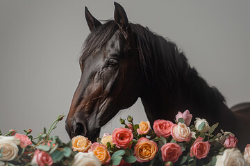 a black horse with a bouquet of flowers on a gray background