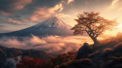 Breathtaking Sunrise over Fuji mountain from the green valley with lonely tree covered with fog on...