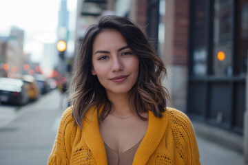 Portrait of a young woman in a mustard cardigan standing on a city sidewalk, her hair subtly tousled, with a gentle smile and soft gaze.