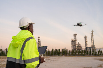 Team of Engineer Specialists Pilot Drone on Construction Site. Architectural Engineer and Safety...