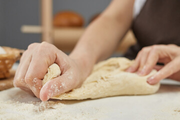 The process of preparing dough for baking bread, unrecognizable female kneading dough for making whole grain pastry