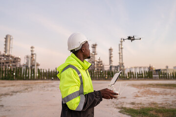 Team of Engineer Specialists Pilot Drone on Construction Site. Architectural Engineer and Safety Engineering Inspector Fly Drone at industrial plant. - obrazy, fototapety, plakaty