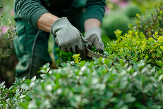 A gardener dressed in green overalls and protective gloves cuts bushes in the garden, the theme of caring for greenery in the garden, selective focus
