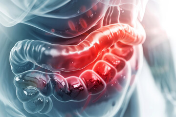 Hologram graphics of a human body with painful or diseased intestines. Intestinal disease motif with space for text or inscriptions, close up view
