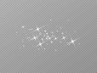 Shining stars.White shiny particles on a transparent background.Sparkling star dust.For packaging of children's toys, gifts, cards, banners.Vector.