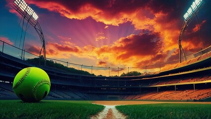 Softball: An Elaborate Illustration and Ultra High-Resolution Softball Photo with a Softball Field Stadium Background