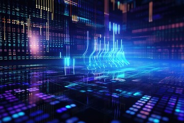 Fototapeta premium Background with holographic floating data and software coding, Global business internet network connection iot internet of things business intelligence concept bus, Ai Generated