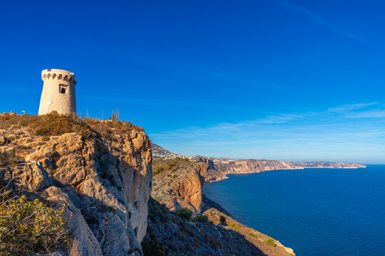 Panoramic view of the Mediterranean Coast in Teulada Alicante featuring the Torre de Cap D'Or