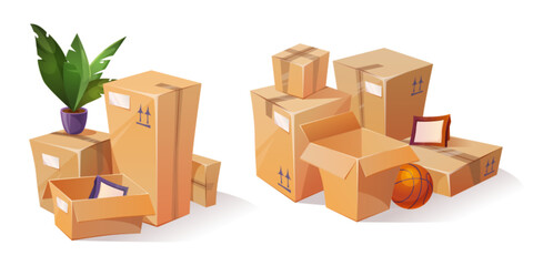 Cardboard box piles with house stuff for move to new home, garage sale or storage concept. Cartoon vector illustration set of open and closed carton pack stack with plant in pot and picture frames.