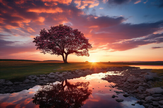 A vibrant spring sunset paints the sky in hues of pink and orange as a solitary tree in full bloom reflects in the calm waters of a rural pond.