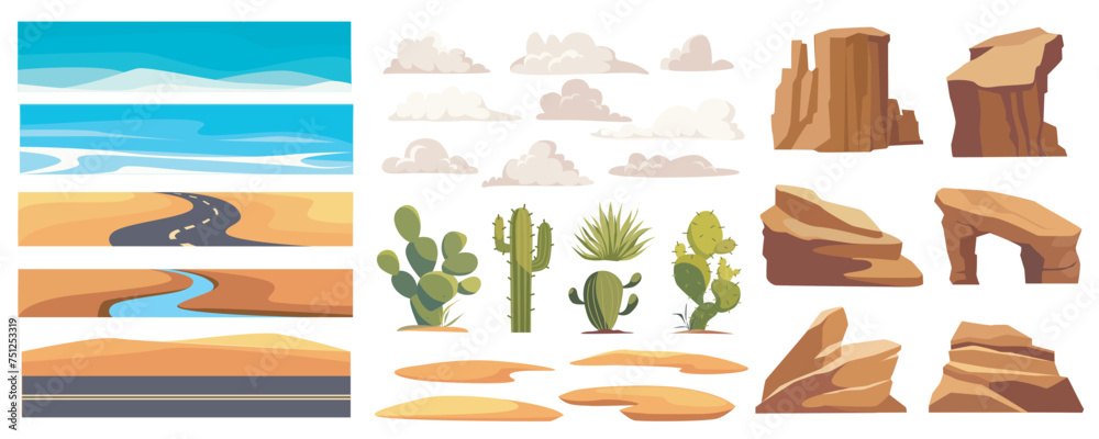 Poster Desert landscape elements constructor mega set in flat graphic design. Creator kit with sandy spaces and sky, roads, dunes, clouds, green actus, rock mountains, dry climate. Vector illustration.