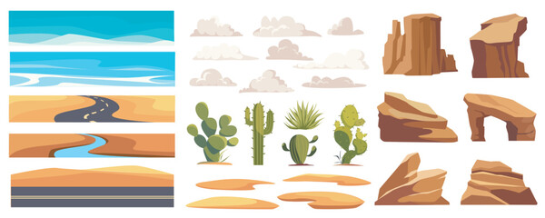Desert landscape elements constructor mega set in flat graphic design. Creator kit with sandy spaces and sky, roads, dunes, clouds, green actus, rock mountains, dry climate. Vector illustration. © alexdndz
