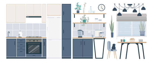 Kitchen interior elements constructor mega set in flat graphic design. Creator kit with cooking furnishing, tables, chairs, shelves, oven, stove, refrigerator, domestic appliance. Vector illustration.