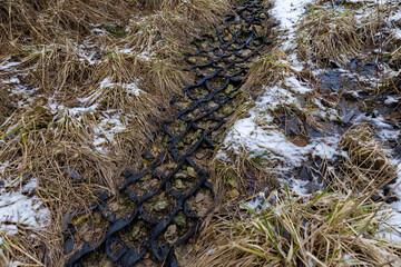 plastic geogrid on the riverbank in the hills - 751253738
