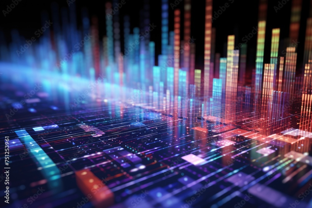 Poster background with holographic floating data and software coding, circuit board with the word data, ai 