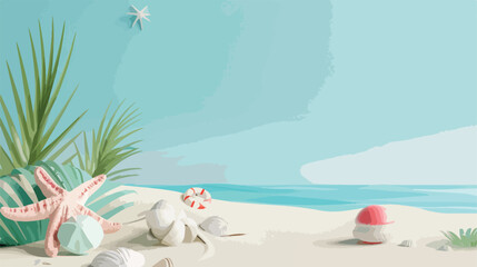 Summer sale banner with 3d beach elements on the blue