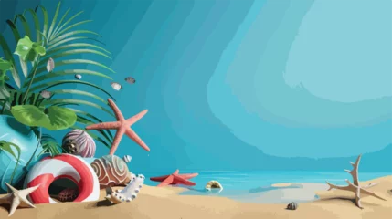 Gordijnen Summer sale banner with 3d beach elements on the blue © Vector