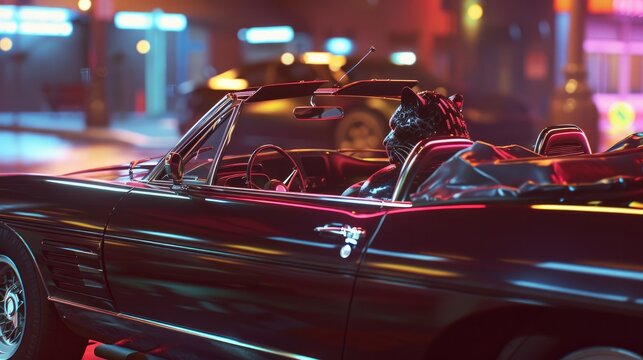 Within A Nostalgic 80s Ambiance, A Vintage Convertible Car Features A Black Panther Driver