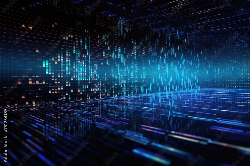 Poster background with holographic floating data and software coding, technology internet connection and da