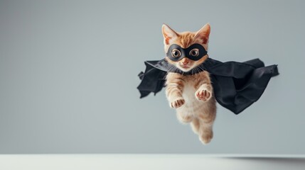 Superhero black kitten with a black cloak and mask jumping and flying on light blue background with copy space. The concept of a super leader, animal hero.