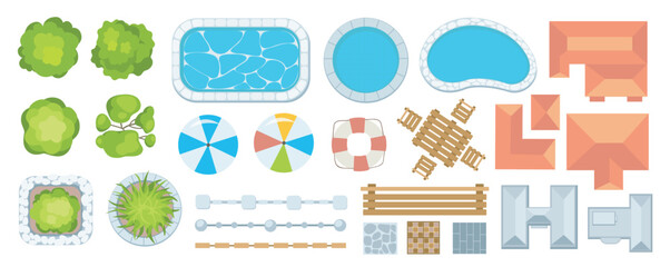 Top view park elements constructor mega set in flat graphic design. Creator kit with green trees, pools, umbrellas, fences, wooden furniture, building roofs, road tails, other. Vector illustration.
