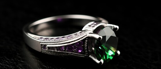 Wedding ring with gemstone on a black background with Copy Space.