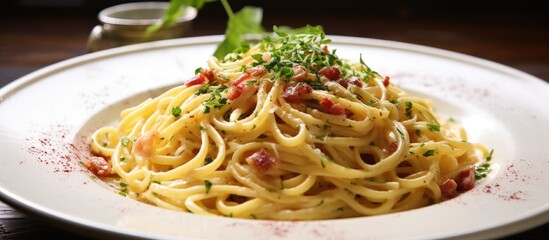 A white plate filled with deliciously authentic Italian spaghetti pasta topped with creamy carbonara sauce, creating an irresistible and textured meal.