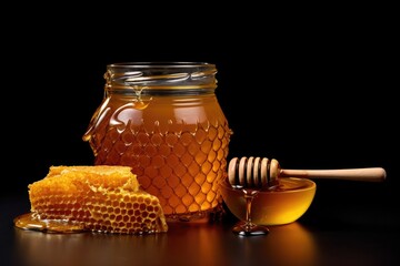 Jar of honey with honeycombs on a black backdrop, honey dipper with dripping honey closeup beekeeper, Ai generated