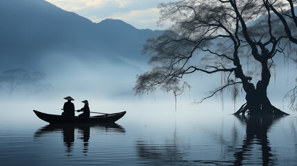 People rowing a boat in the middle of a foggy lake