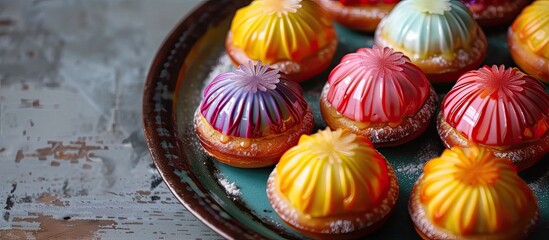 A plate is filled with a variety of tempting yeast pastries adorned with colorful eggs, placed on a table.