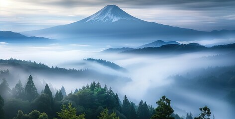 Breathtaking Sunrise over Fuji mountain from the green valley with woods covered with fog on foggy misty morning
