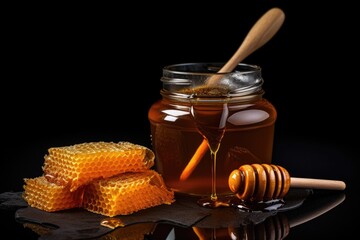 Jar of honey with honeycombs on a black backdrop, Honey on black background Illustration, Ai generated