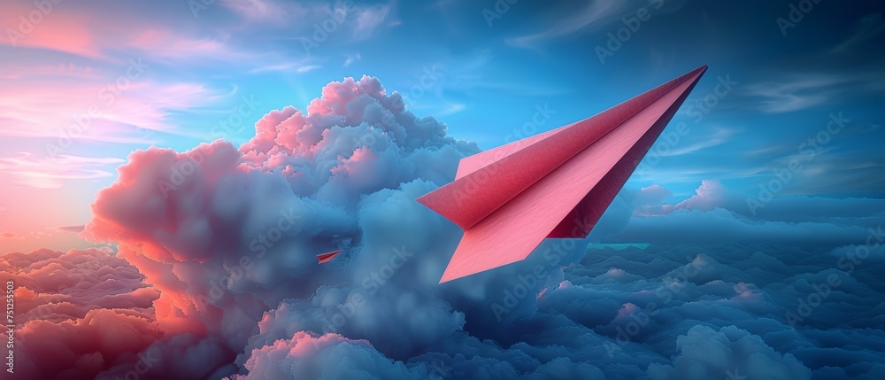 Fototapete cartoon airplane icon with 3d paper. origami paper plane for travel with clouds. email with bell not