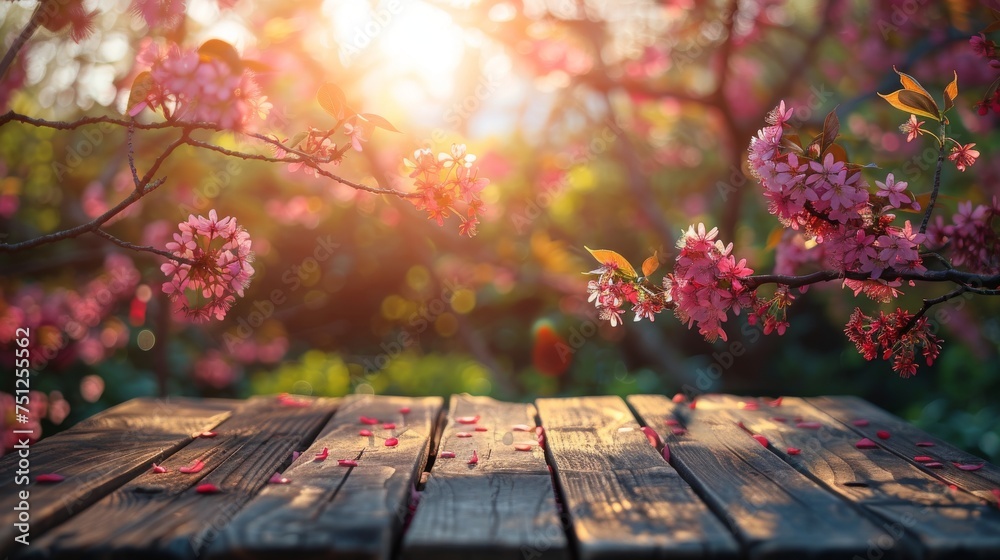 Poster a wooden table in sakura flower park with garden bokeh background and a country theme, mockup templa