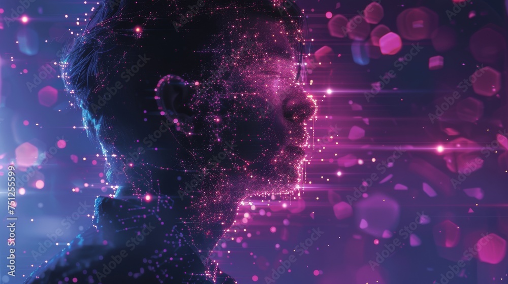 Poster Using smart robot AI technology, a man uses a website or software to help and support chatbots, chat AI, image generation, coding, and data analysis