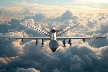 Military unmanned drone in the sky with missiles on the wings against the background of clouds, view in flight from the front
