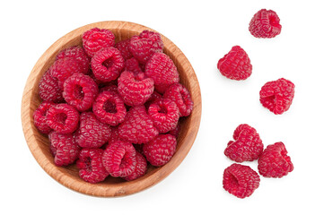 ripe raspberries in wooden bowl isolated on white background. clipping path. top view