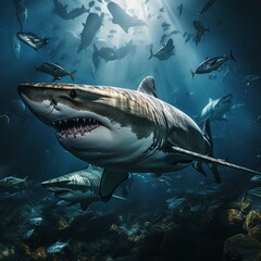 Naklejka premium A Glimpse into the World of Sharks under water, Generative ai.