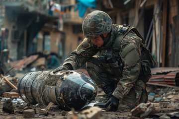 A bomb disposal unit carefully dismantling an improvised explosive device. A military man in uniform is trying to deactivate a malfunctioned missile during war - obrazy, fototapety, plakaty