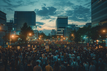 A city square filled with protesters advocating for peace and diplomacy. A bustling cityscape at dusk with crowds gathered under glowing skyscrapers