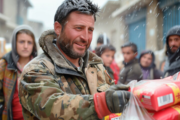 A humanitarian aid worker distributing supplies in a conflict-ridden area. A soldier in military camouflage jacket holds bag of food