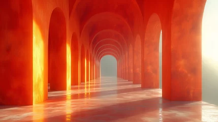 Foto op Plexiglas 赤色の建物の光が差し込む廊下 © satoyama