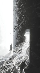 ethereal jellyfish-like spirit floating through an archway in a castle, with a mysterious silhouette
