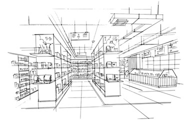 Drawing exterior and interior architectural lines. , Graphic assembly in architecture and interior design work. ,Sketch ideas for interior or exterior designs.