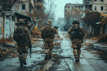 Soldiers patrolling a tense urban area with weapons at destroyed city. A squad of three military personnel in camouflage uniforms are walking down a muddy street, passing by buildings and windows  - obrazy, fototapety, plakaty