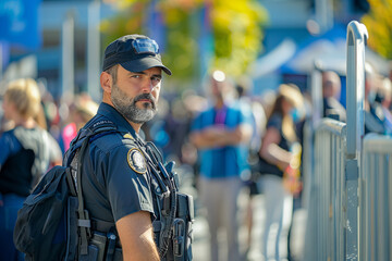 Security personnel scanning crowds for potential threats at a major event. A cop in a baseball cap facing an electric blue crowd at a competition event - obrazy, fototapety, plakaty