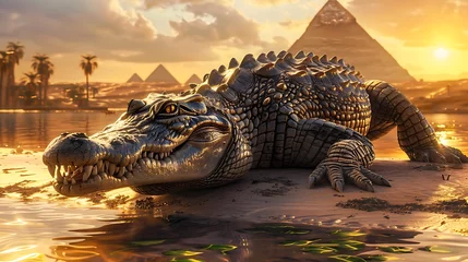 Fototapeten desert guardian: a lone crocodile amidst ancient pyramids © ArtisticALLY